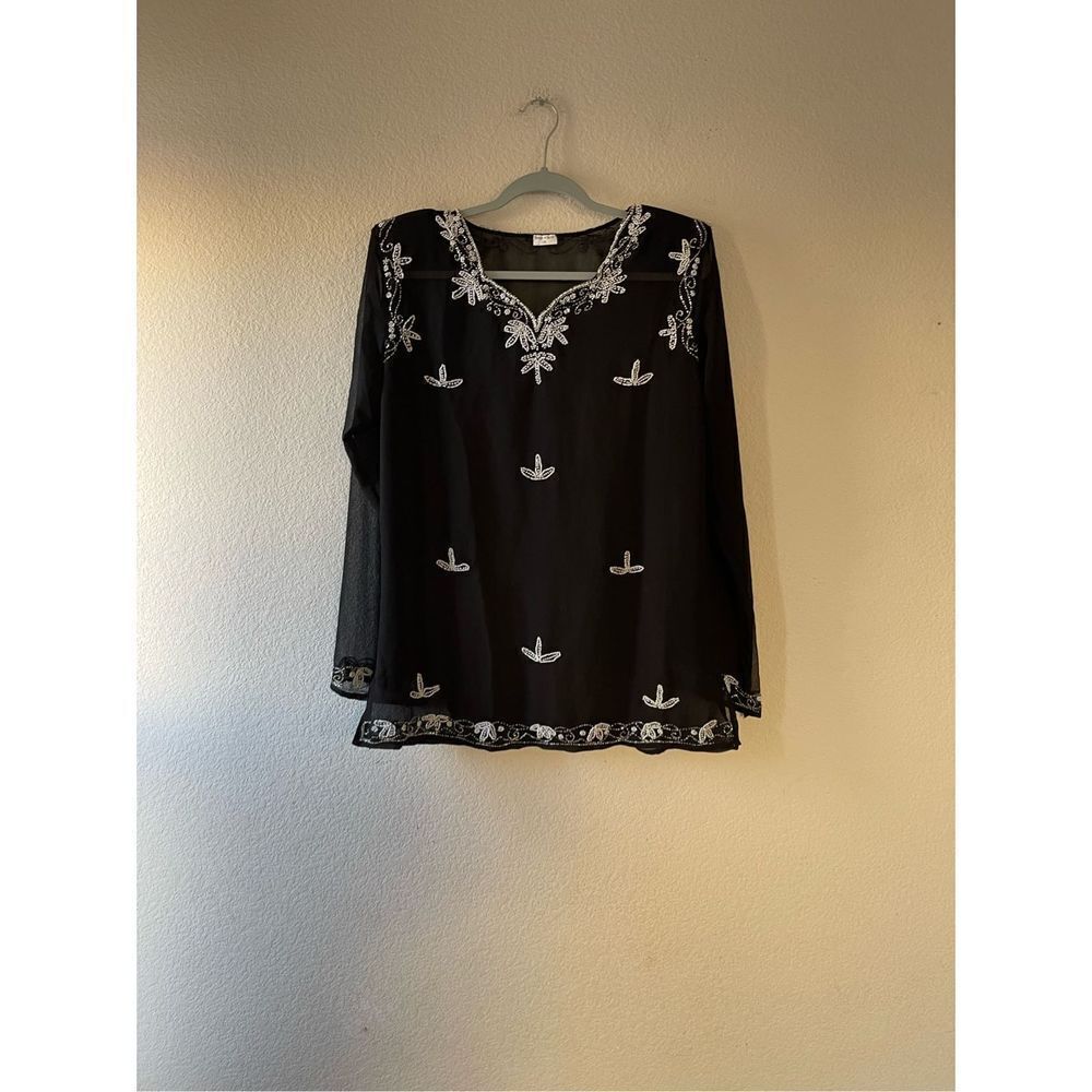 Womens black silk and beaded blouse size xlarge